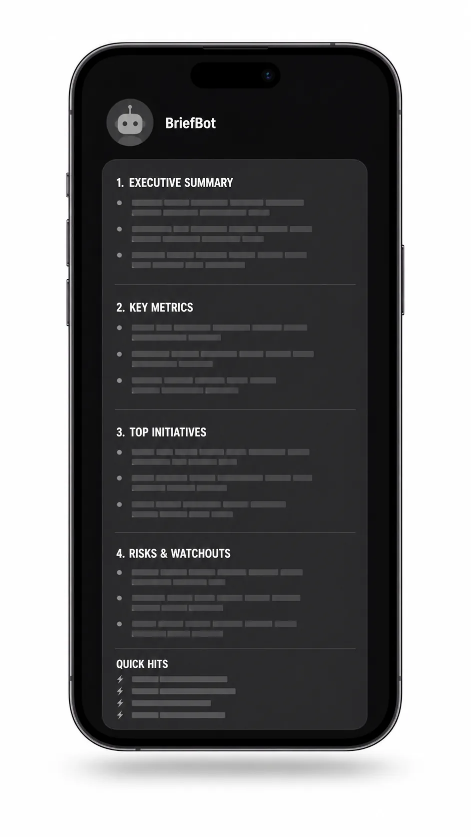 Phone mockup showing a structured AI briefing in dark mode