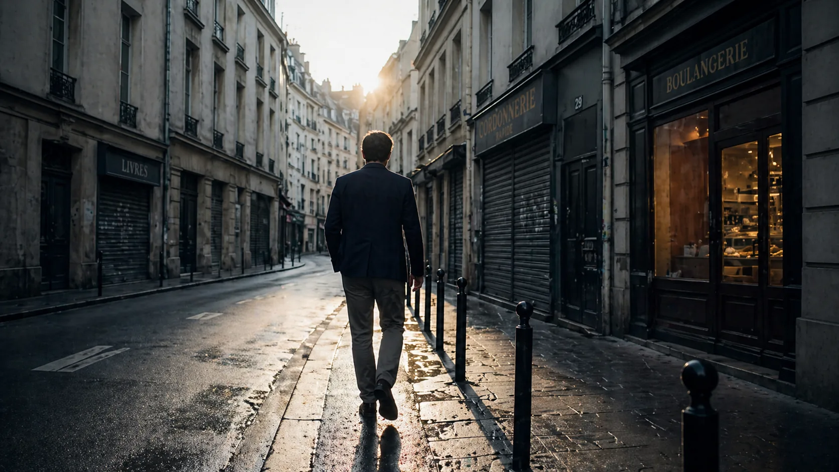 Person walking down a quiet city street at dawn