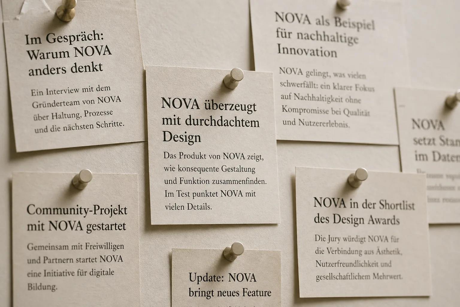 Brand mentions as a physical trail. Pinboard with printed clippings repeating the same brand name