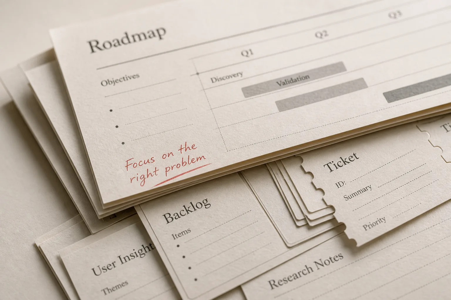 The artifacts can be automated; the judgment cannot. Stack of roadmap, ticket, and backlog papers with one red handwritten margin note