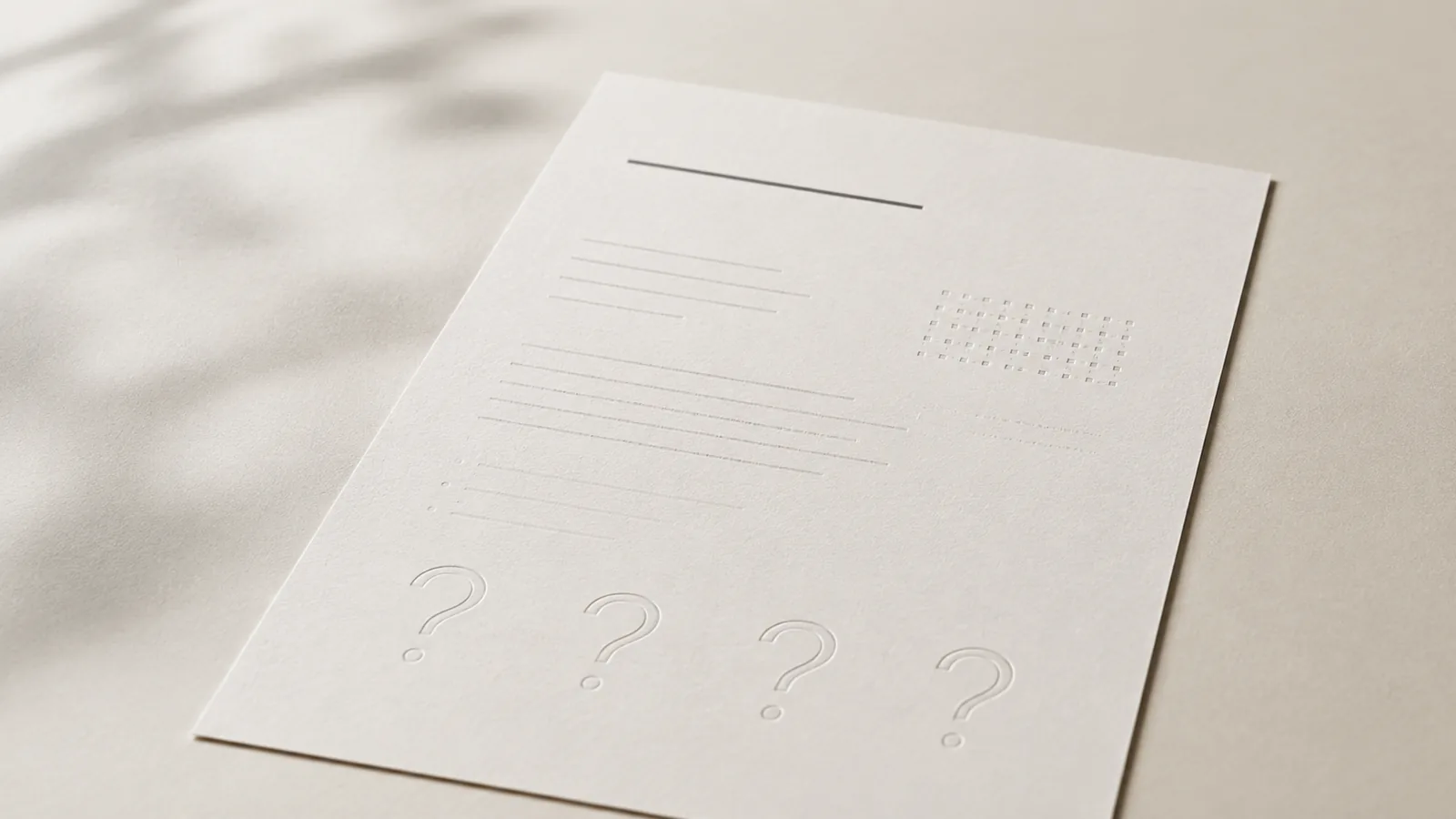 Embossed paper with an abstract page structure and four question marks
