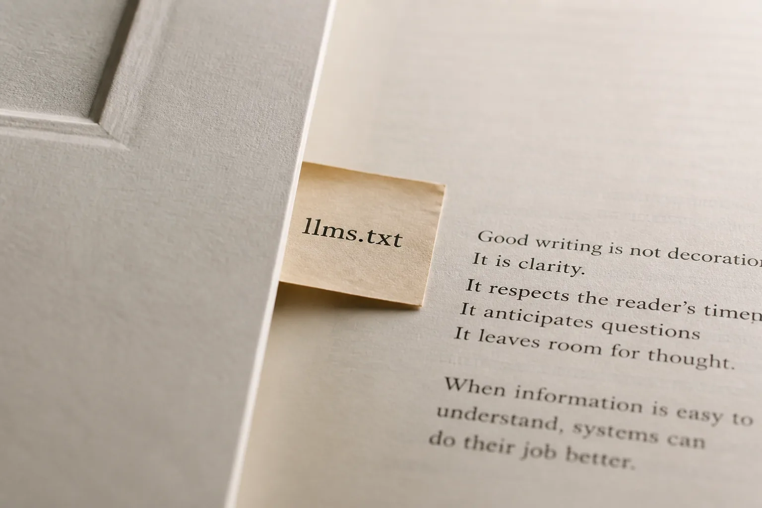 Der Zettel, den niemand liest. Vergilbter llms.txt-Zettel neben klar lesbarem Fließtext auf Papier
