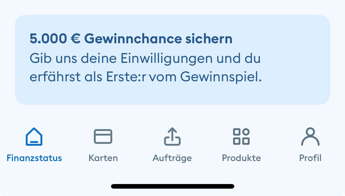 Screenshot der App: 5.000 € Gewinnchance sichern