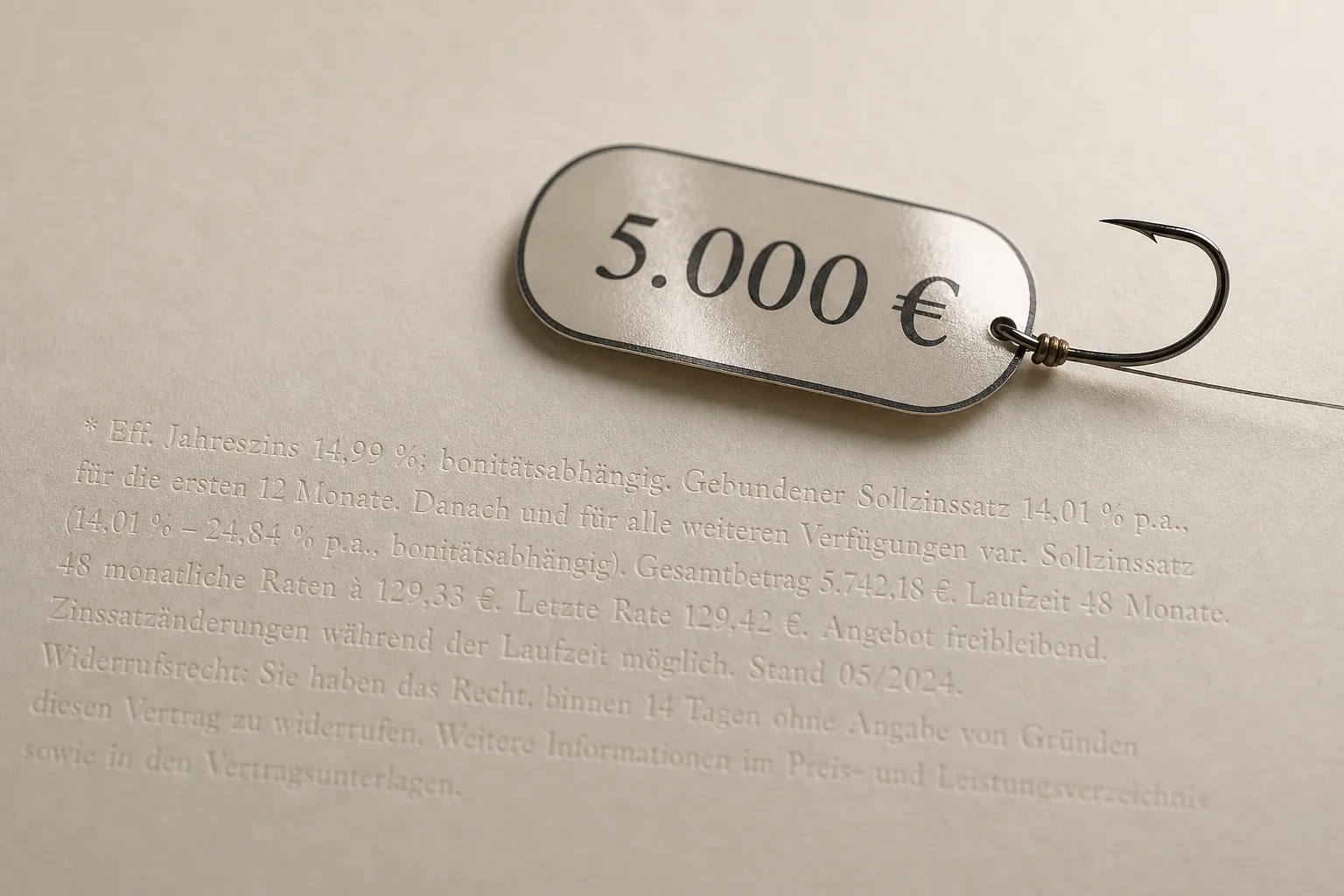 Printed 5,000 euro lure with a fine fishing hook and barely readable fine print