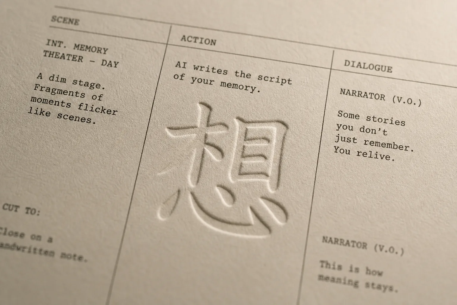 Memory work as a film set. Screenplay page with columns and an embossed Chinese character