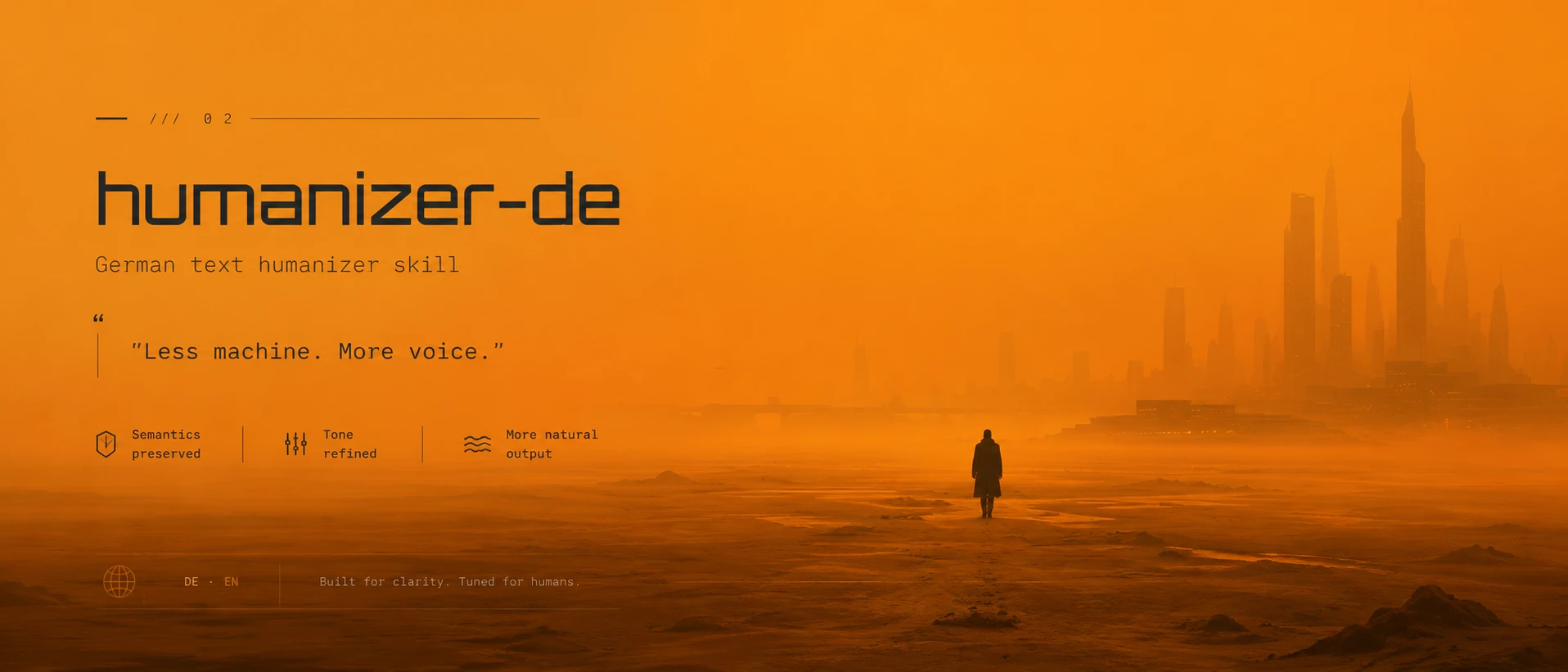 Orangefarbene humanizer-de Headergrafik mit futuristischer Skyline und dem Claim Less machine. More voice.
