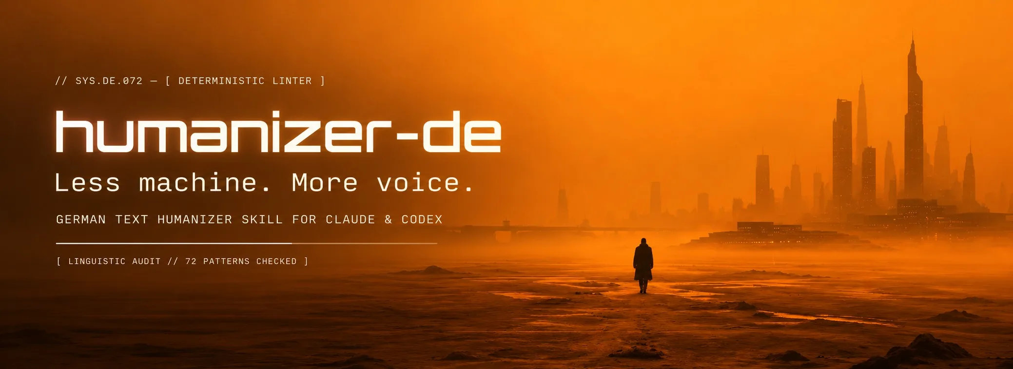 Orange Humanizer German header graphic with a futuristic skyline, a lone figure on the plain, and the claim Less machine. More voice.