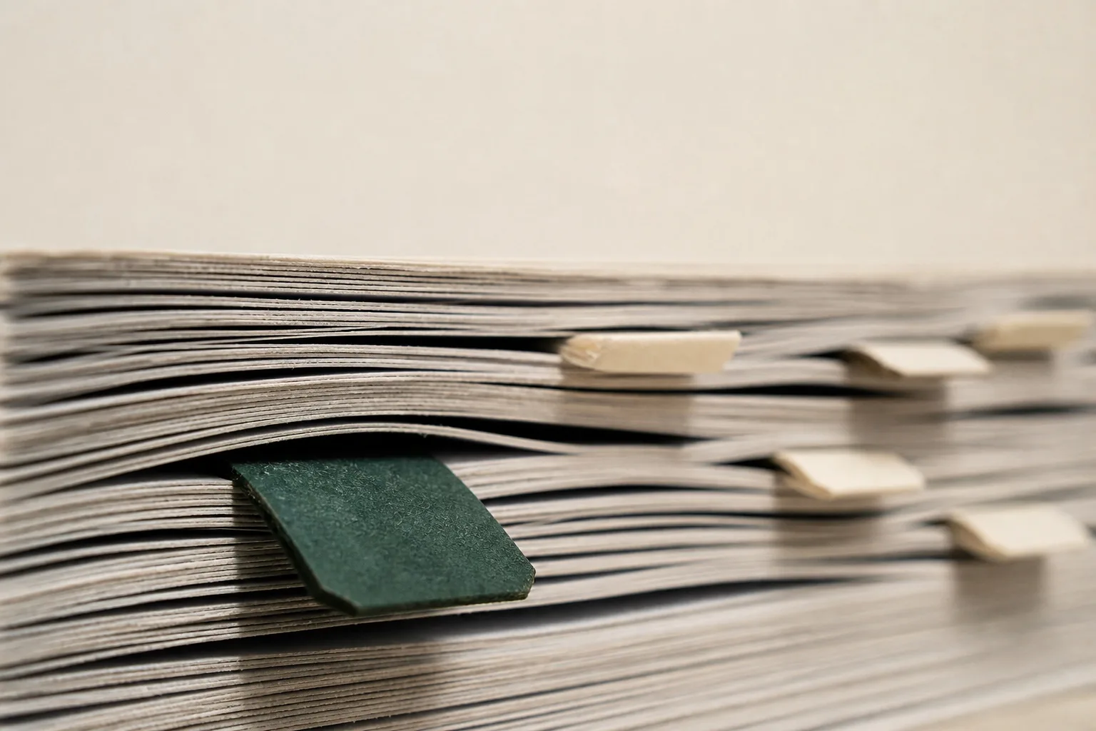 Makroaufnahme eines dicken Stapels loser Blätter, zwischen denen wenige schmale Papierreiter stecken; der vorderste ist dunkelgrün
