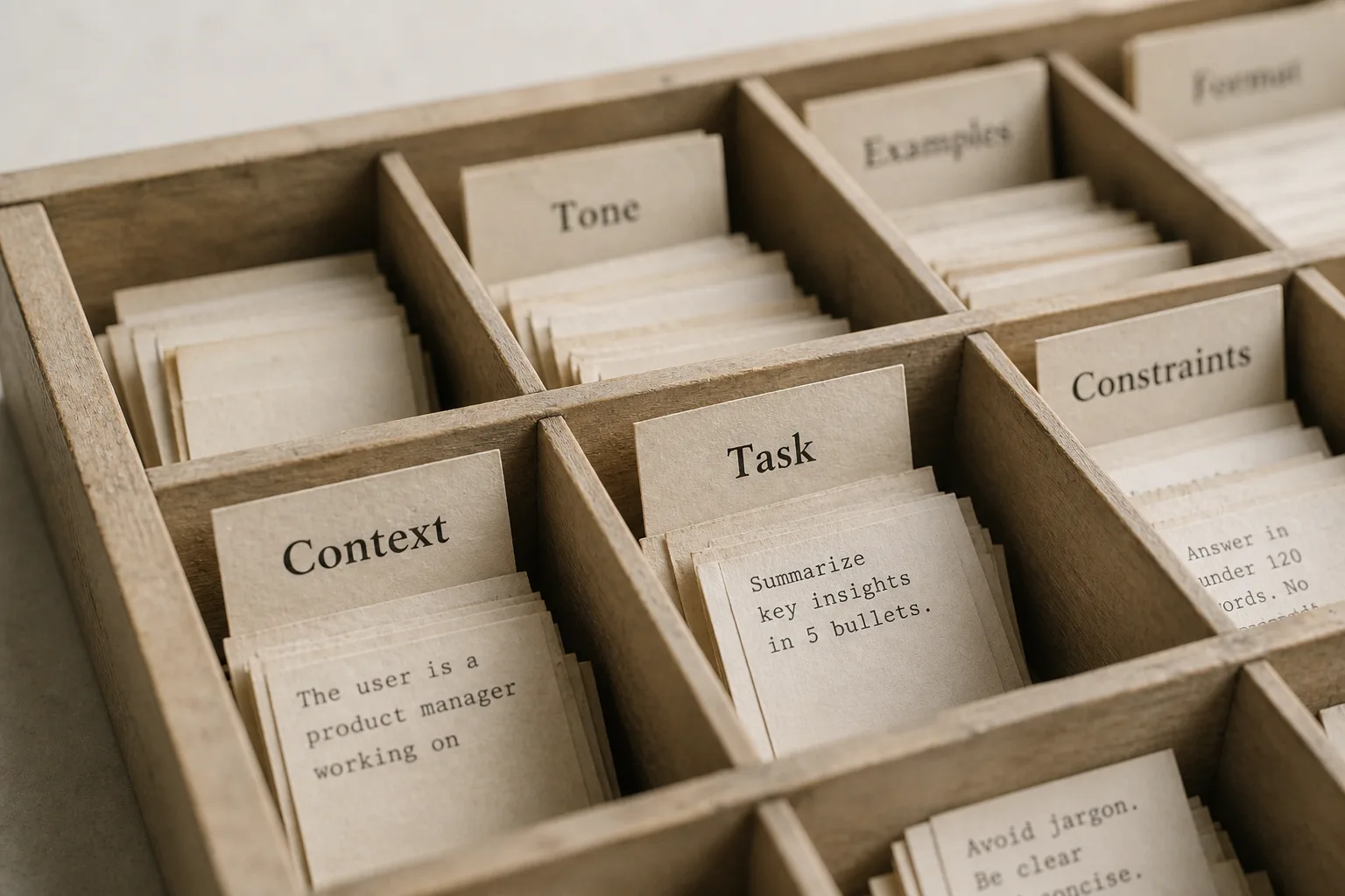 Typesetter tray with printed paper snippets sorted into compartments