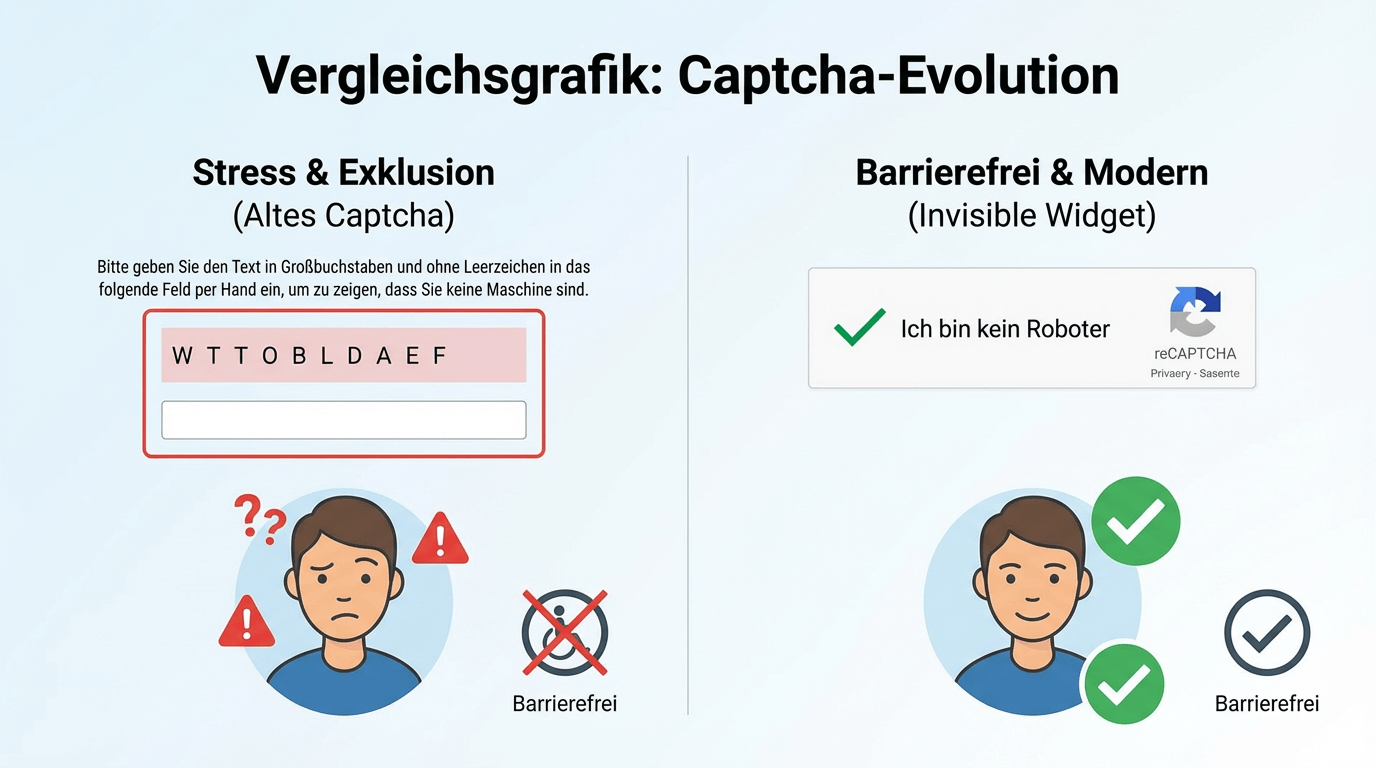 Placeholder: Comparison chart: Left BNetzA Captcha (Stress/Exclusion), Right modern "Invisible Widget" (Accessible/Checkmark)
