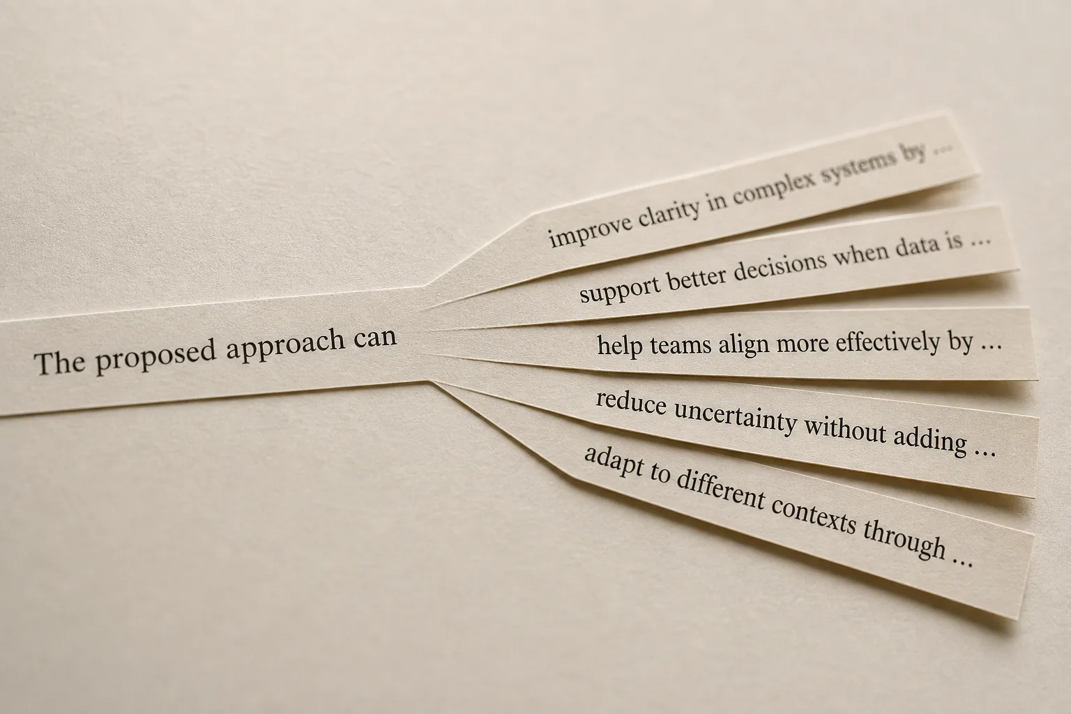 Printed sentence beginning branching into five fanned continuation strips
