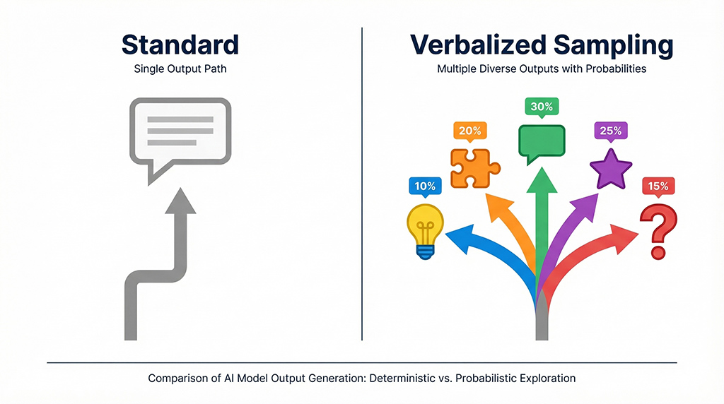 Infographic: Verbalized Sampling process visualized – One path branching into five diverse options compared to standard sampling