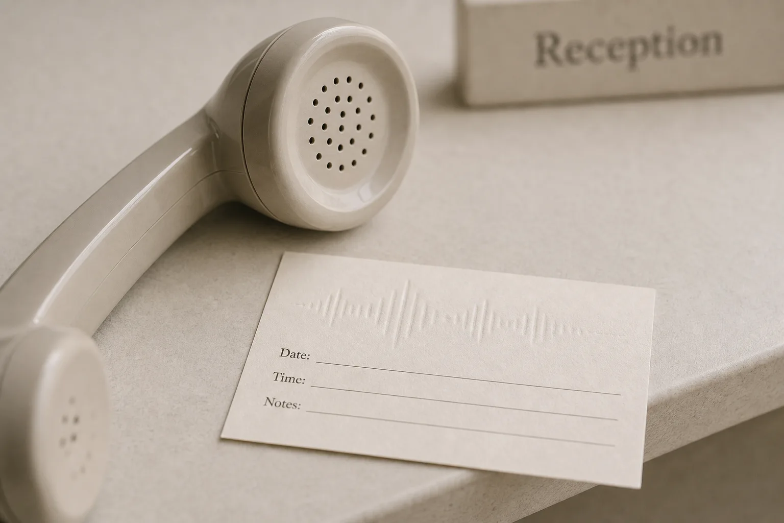 Telefonhörer auf Praxistresen neben einer gedruckten Terminkarte