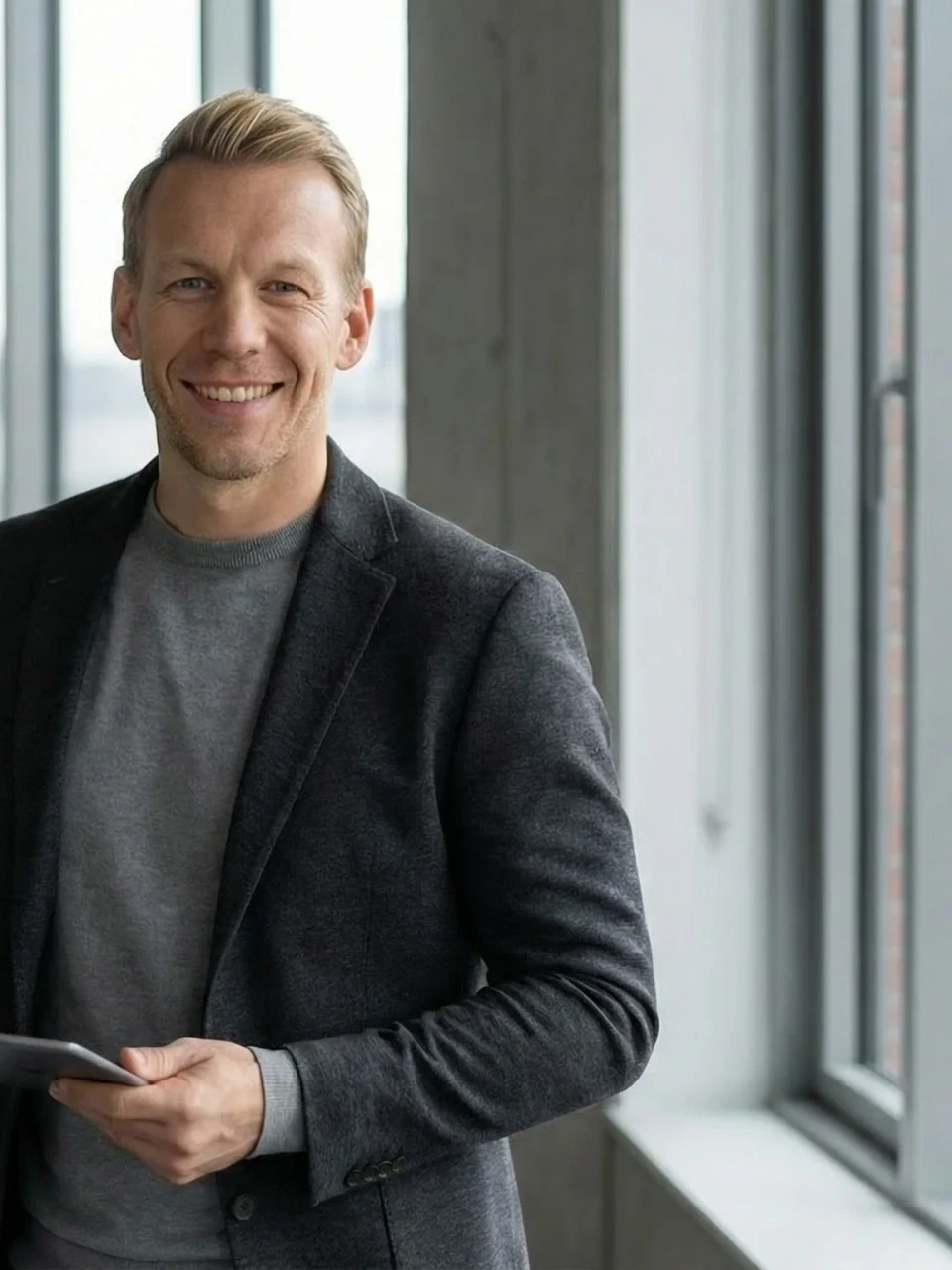 Martin Möller, Senior Digital Platform Manager – stehend im modernen Büro mit Tablet.